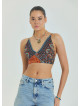 Lace Up Open Back Adjustable Brown Crop Blouse 4653